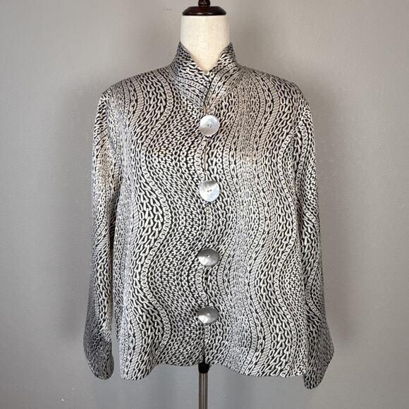 Caroline Rose Silver Chain Print Blazer Size XL Mandarin Collar Metal Button - Picture 3 of 11